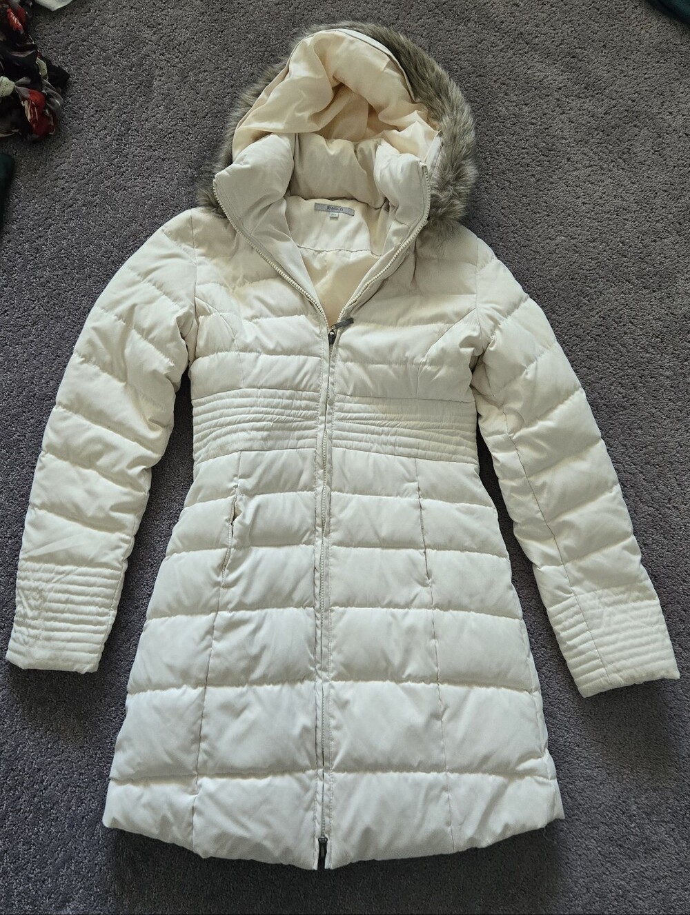 RW&CO. Cream Quilted Long Puffer Coat with Faux-Fur Trim Hood